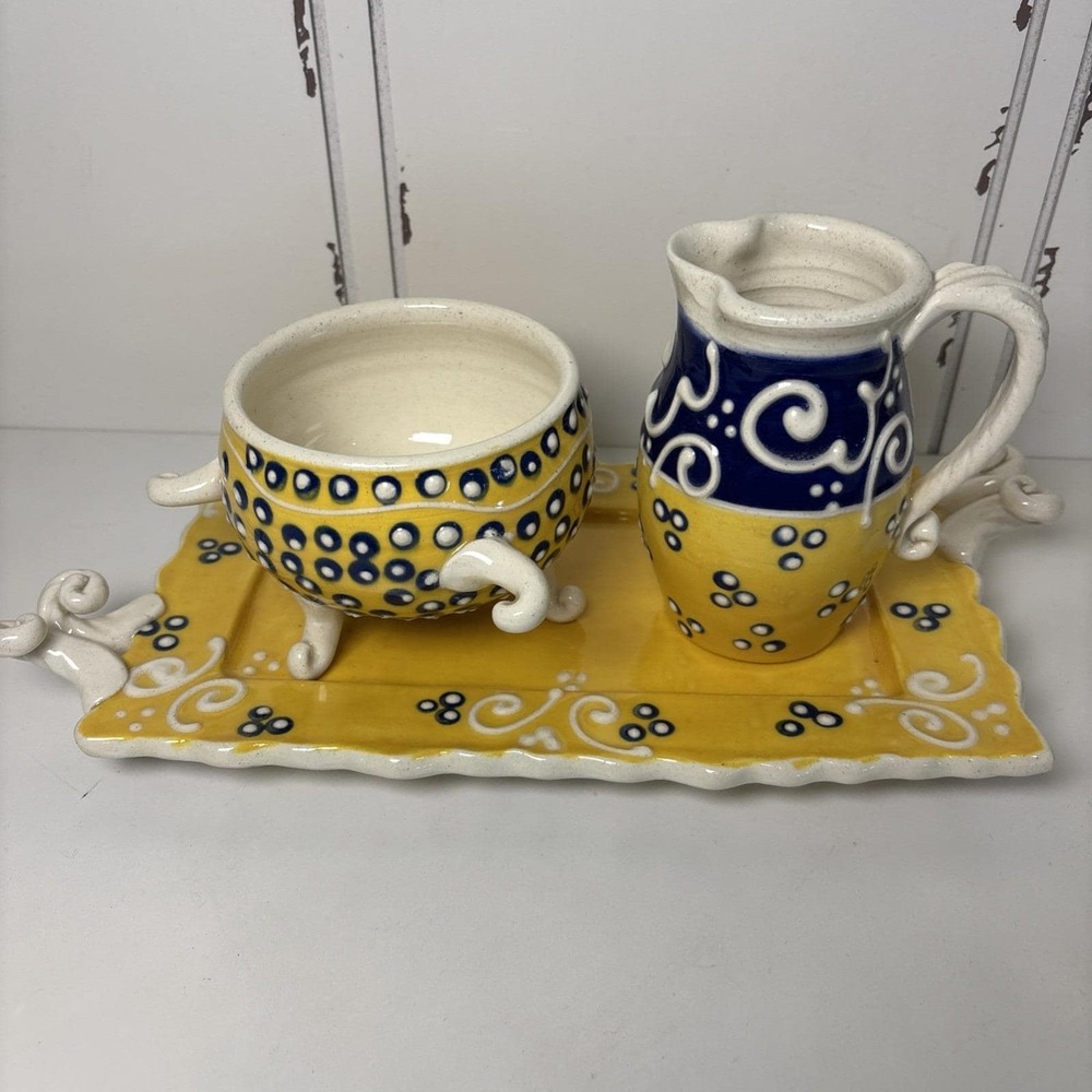 Studio Pottery Cream Open Sugar Whimsical Plate Unique Artsy Set‎ Makers Mark